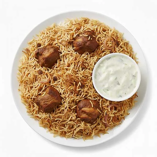 Roasted Mutton Pulao With Cucumber Raita